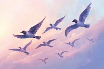 A serene scene of flying birds in a pastel sky at sunset, showcasing nature's tranquility