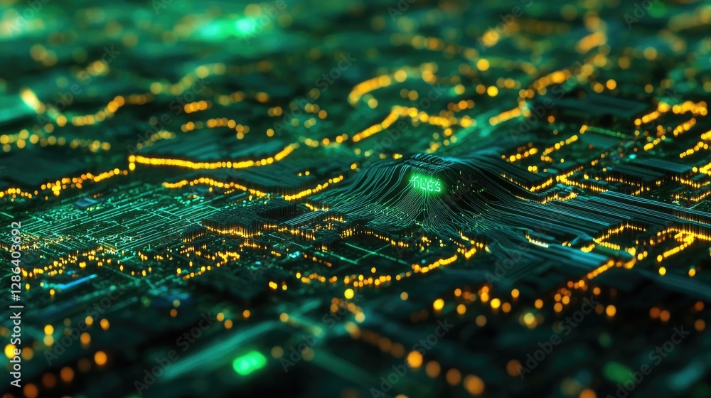 Poster futuristic abstract landscape with glowing lights and circuit patterns