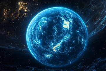 Fototapeta premium Vivid ocean waves illuminated by a bright azure celestial body at night