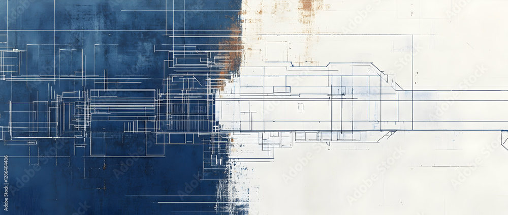 Poster abstract alien space station blueprint with futuristic technical drawings and rust undertones