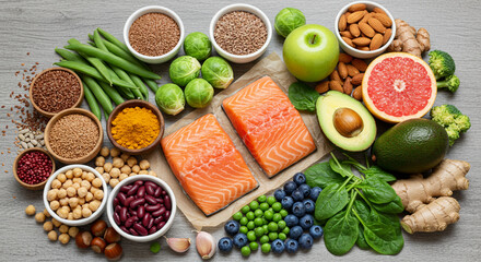 A vibrant assortment of healthy foods including salmon, avocado, nuts, seeds, fruits, and vegetables, showcasing a balanced diet rich in nutrients and antioxidants.