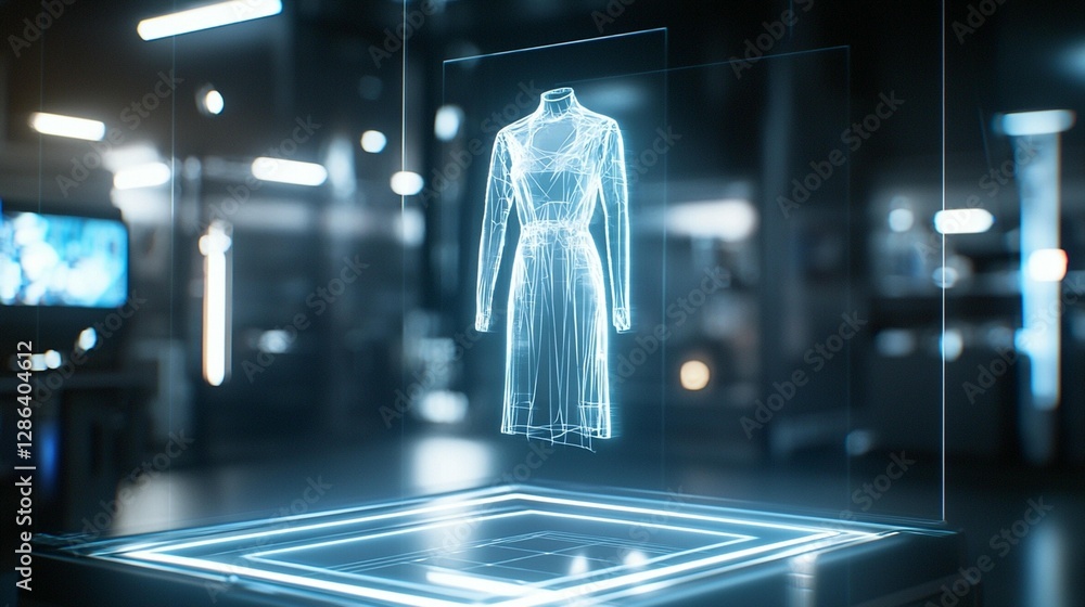 Poster holographic 3d model of a dress displayed on a digital platform in a modern technological environmen