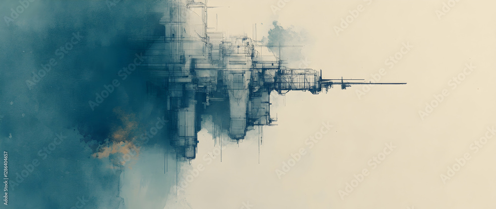 Poster abstract alien space station blueprint with futuristic technical drawings and rust undertones