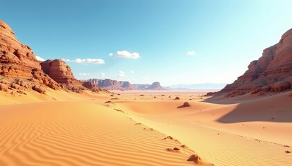 Fototapeta premium Desert landscape with sandy dunes and rocky outcrops, vastness, barren, desert