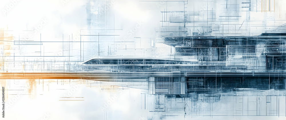 Poster abstract alien space station blueprint with futuristic technical drawings and rust undertones