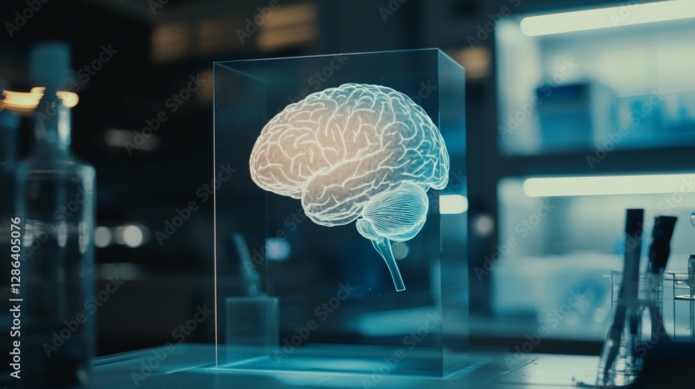 Poster holographic brain model in a glass cube on a lab table.