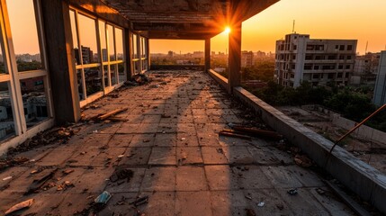 Obraz premium Abandoned building interior at sunset with debris and distant urban landscape visible