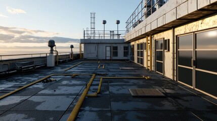 Naklejka premium Industrial rooftop view with wet surfaces, pipes, and distant ocean horizon during sunset