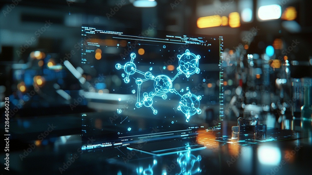 Poster holographic molecular structure displayed on a futuristic screen in a modern laboratory setting.