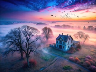 Eerie Dawn: Haunted House Aerial Photography - Ghostly Bats & Foggy Field