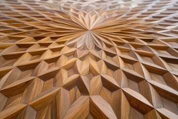 Geometric wood pattern with radial symmetry and three dimensional depth in warm natural tones creating an abstract modern architectural design with precision detailing for interior inspiration