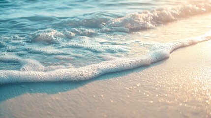 Gentle Waves Lapping on Serene Sandy Beach During Golden Hour Light