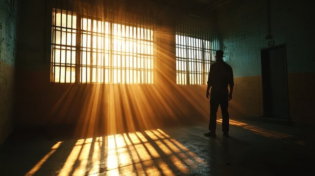 A prisoner escaping from jail with dramatic lighting and shadows.