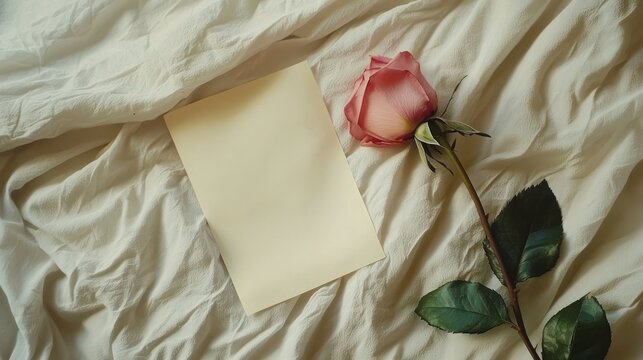 A handwritten breakup note left on a bed with a single rose.