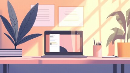 Laptop with document on desk, plants, sunlight.