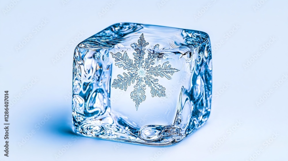 Poster ice cube with snowflake inclusion: winter holiday and abstract concept