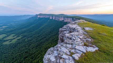 Fototapeta premium Mountain peak vista at dawn, lush valley below, scenic landscape