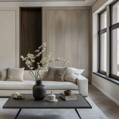 Aesthetic beautiful elegant minimalist modern interior design. Clear mock up empty wall for decoration in the apartment. Copy space in the room.