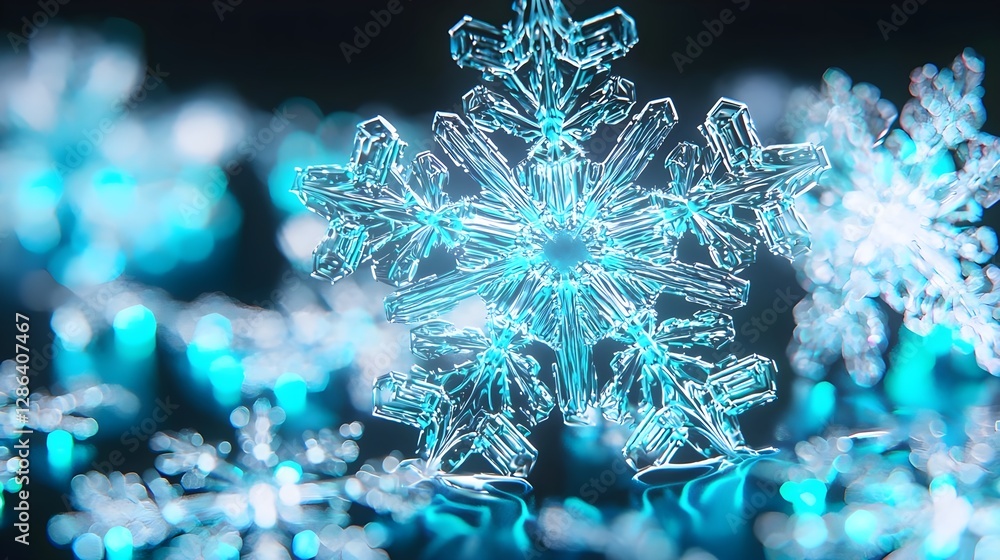 Poster macro snowflake close-up: winter holiday background with copy space