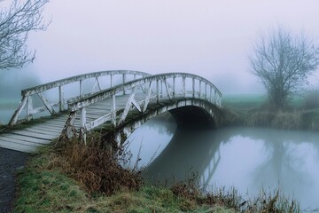 Misty wooden bridge leads to a lonely tree on a rocky island during early morning fog