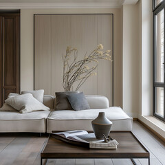 Aesthetic beautiful elegant minimalist modern interior design. Clear mock up empty wall for decoration in the apartment. Copy space in the room.