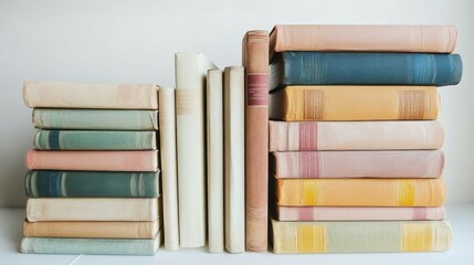 Stack of freshly bound hardcover books with aligned spines in muted colors