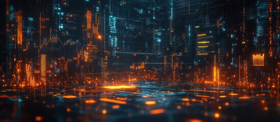 Fototapeta premium Futuristic cityscape with glowing digital structures and vibrant orange and blue lights.