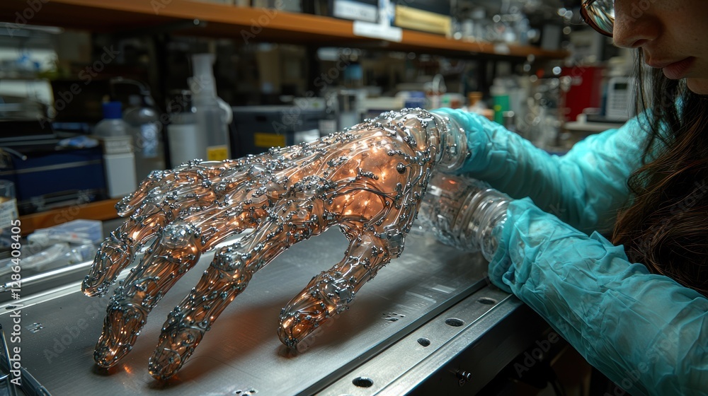 Poster creating robotic hand female engineer working on advanced technology in lab