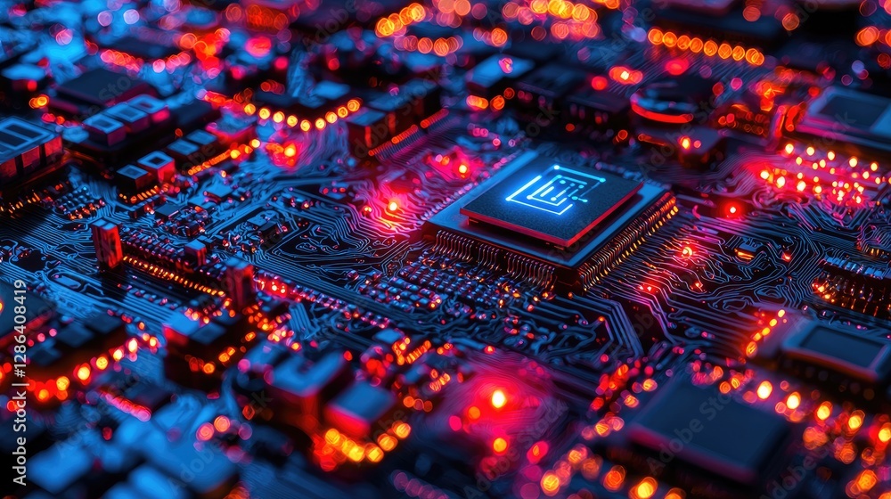 Poster futuristic microchip with glowing lights on circuit board surface