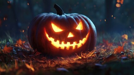Naklejka premium Glowing Jack-o'-lantern in Autumn Forest