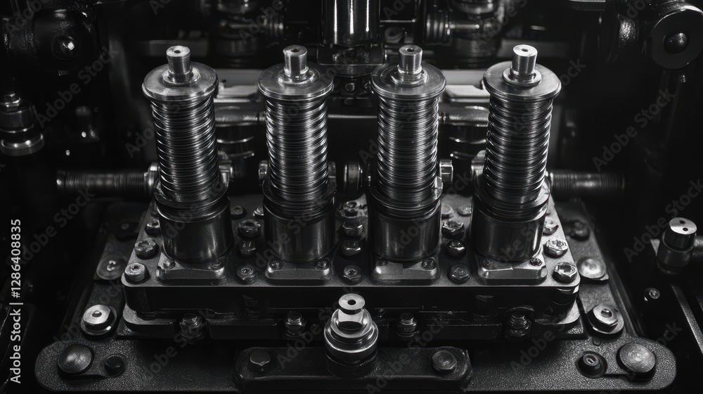 Poster a detailed close-up of a complex machine showcasing numerous bolts and nuts, highlighting intricate 