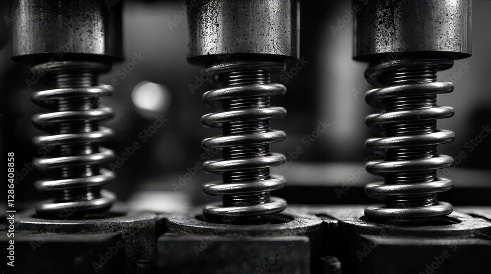 Poster a detailed close-up view of several metal springs used in a mechanical device, showcasing their intr