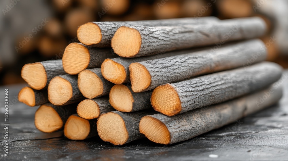 Poster a close-up view showcases a pile of wooden logs neatly arranged on a rustic table surface, highlight