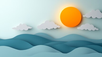 Sun and layered clouds in soft pastel paper cut style creating a dreamy daytime sky illustration with warm sunlight and gentle floating shapes