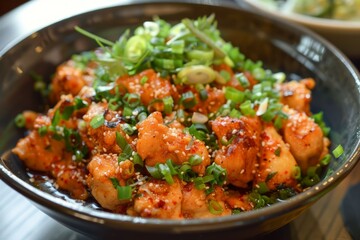 Fototapeta premium Close-up of korean fried chicken in bowl. AI image