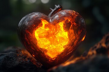 Heart glowing in volcanic lava with intricate metallic veins in a dark setting