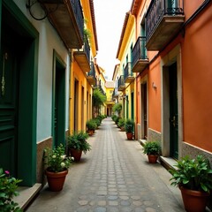 Calle empedrada con paseos y jardines en flor, paseo, callej?n, jard?n