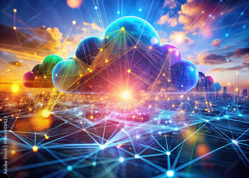 Poster futuristic cloud computing: abstract digital double exposure 3d render