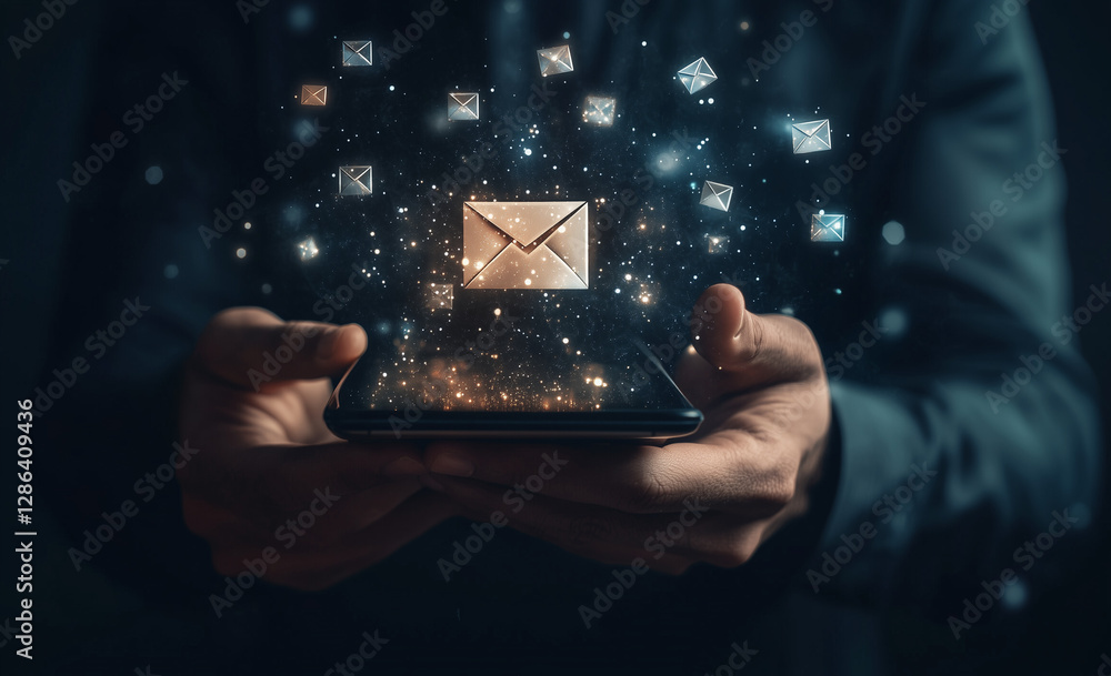 Aufkleber digital email communication person holding smartphone with glowing inbox messages
