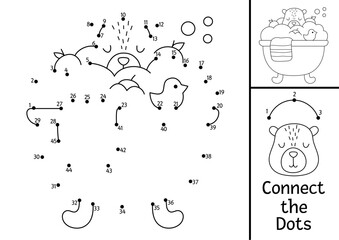 Vector line capybara dot-to-dot and color activity with cute animal taking bath with tangerines. Simple black and white connect the dots game, coloring page for children with relaxing capibara