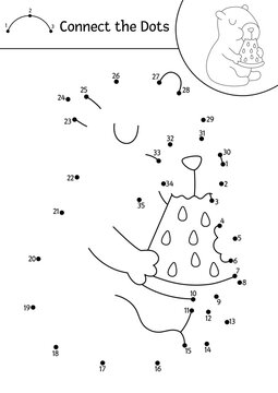 Naklejki Vector line capybara dot-to-dot and color activity with cute animal eating watermelon. Simple black and white connect the dots game, coloring page for children with relaxing capibara
