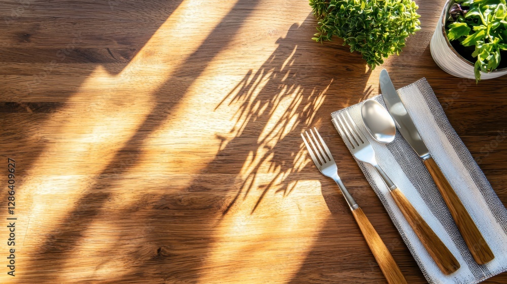 Poster ecofriendly cutlery set on rustic wooden table soft sunlight filtering through top-down angle realis