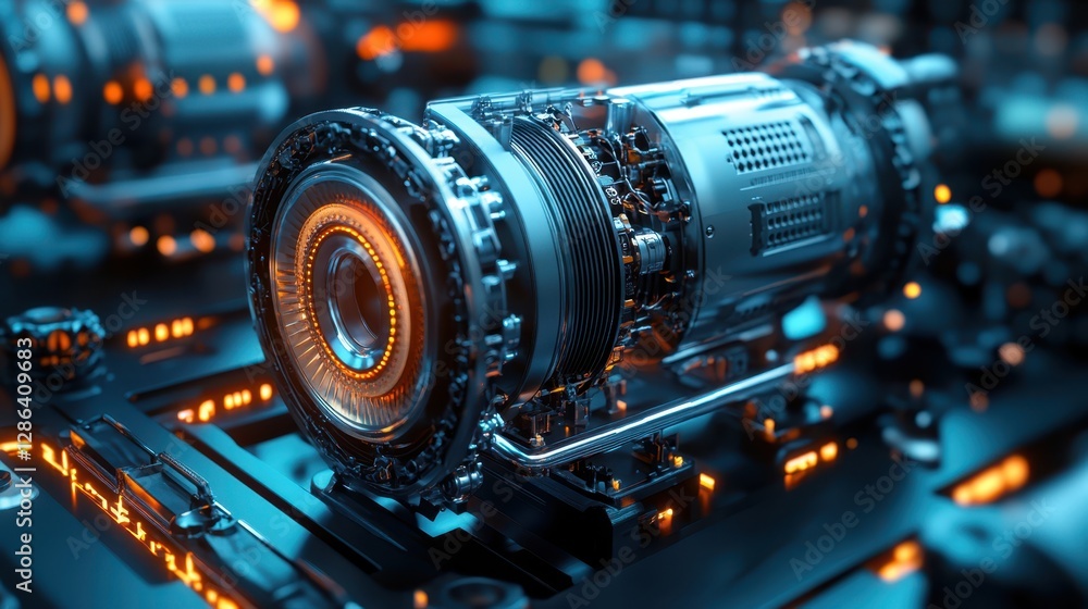 Poster a detailed close-up of a machine featuring a prominent lens, showcasing intricate components and pre