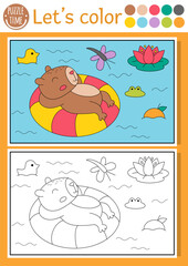 Fototapeta premium Capybara coloring page for children with scene, animal swimming floaty in pond. Vector capibara outline illustration. Book for kid with colored example. Drawing printable worksheet