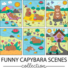 Vector capybara vertical scenes. collection Capibara landscape illustration pack for kids. Cute nature scenes set with adorable animals relaxing, meditating, sleeping, eating, having fun