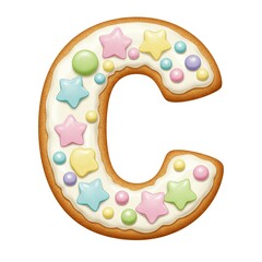 Letter C cookie, white icing, pastel star and round candies (pink, blue, yellow, green)