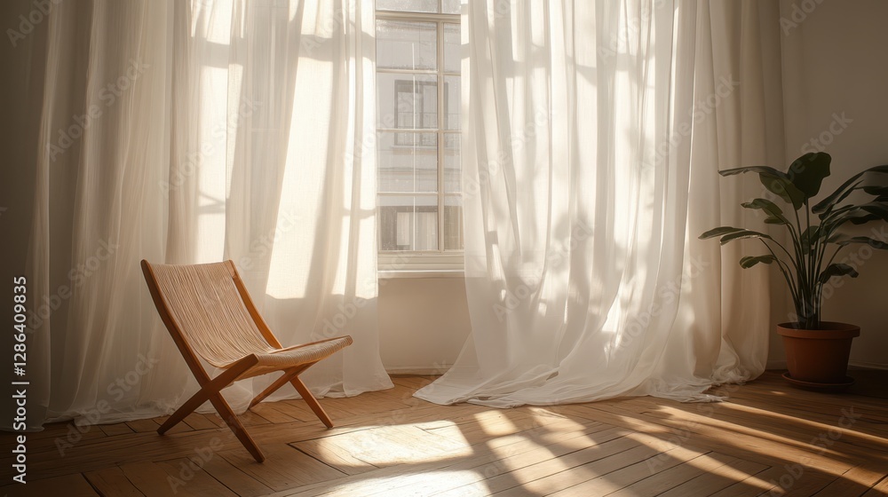 Poster a stylish chair positioned by a window, adorned with a flowing curtain, creating an inviting atmosph