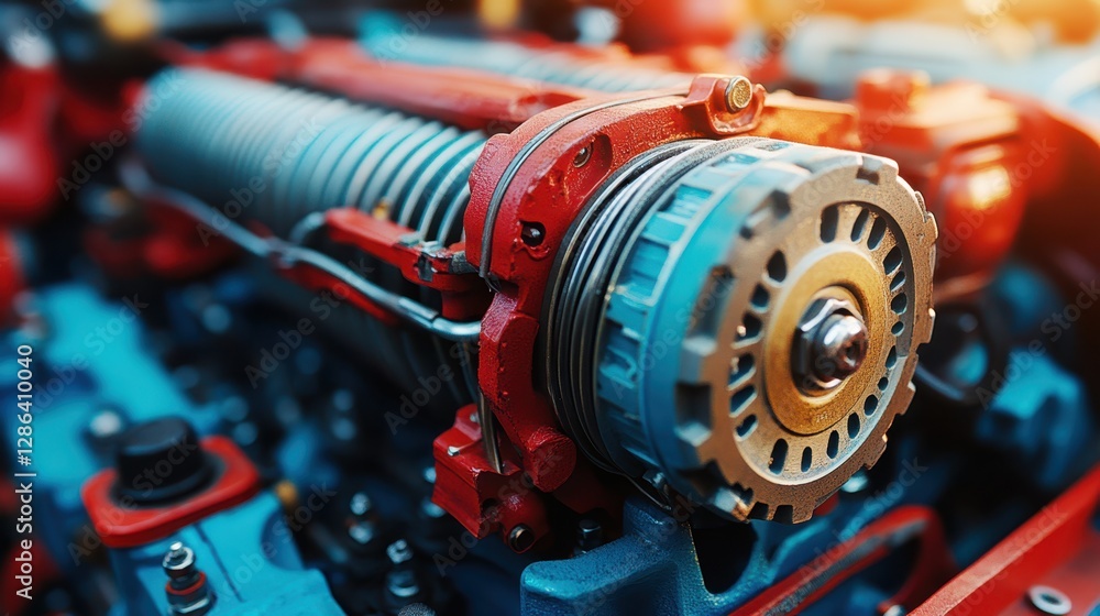 Poster a detailed close-up view of a vibrant red and blue engine showcasing its intricate components and de