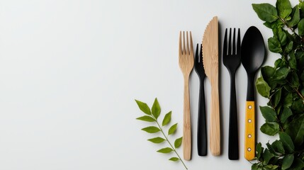Ethically sourced cutlery arrangement with greenery soft daylight illumination aesthetic display in nature minimalist viewpoint