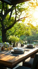 Fototapeta premium Eco-friendly dining experience in garden with soft sunlight and vibrant backdrop realistic setup for nature lovers